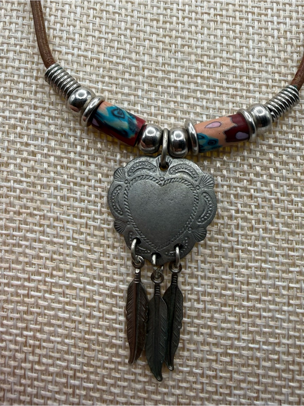 Southwestern Boho Heart Feather Pendant Necklace Leather Cord Artisan Beads